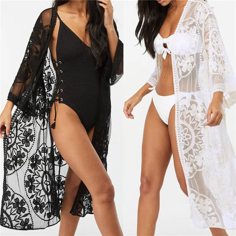 

2019 Lace Beach Pareo Beachwear Swim suit Cover up Playa Pareo Tunics for Beach Kimono Swimwear Women Lace Beach Dress, Flower