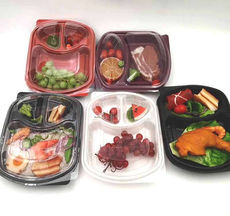 

Custom 2 3 Compartment Black Bento Food Containers Biodegradable Disposable Plastic Lunch Box