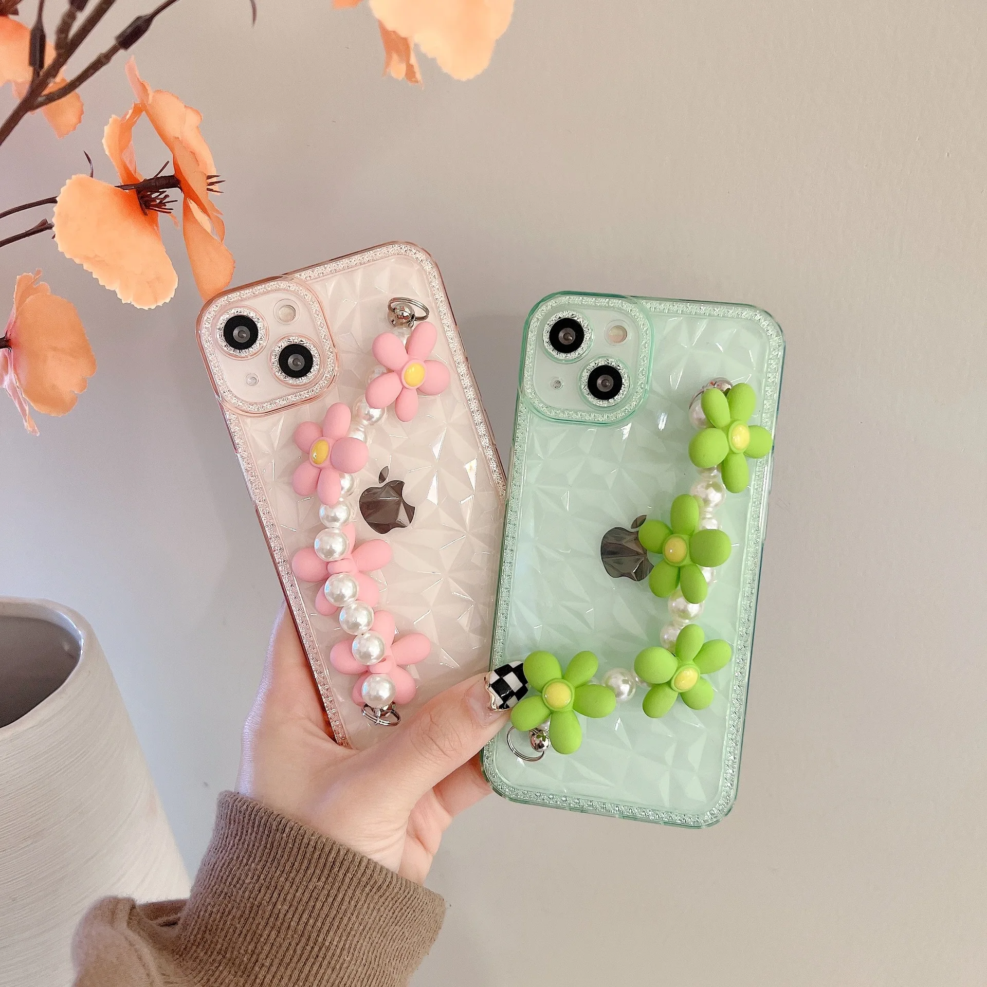 

luxury design phone case with flower strap for iphone 13 pro max XR new wrist strap fashion mobile phone cover