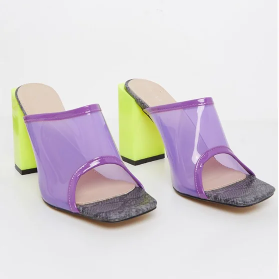 

2019 Spring And Summer Ladies Square Heel Ladies Mules Women square toe Clear Block Heels Mules, Black,purple,snake