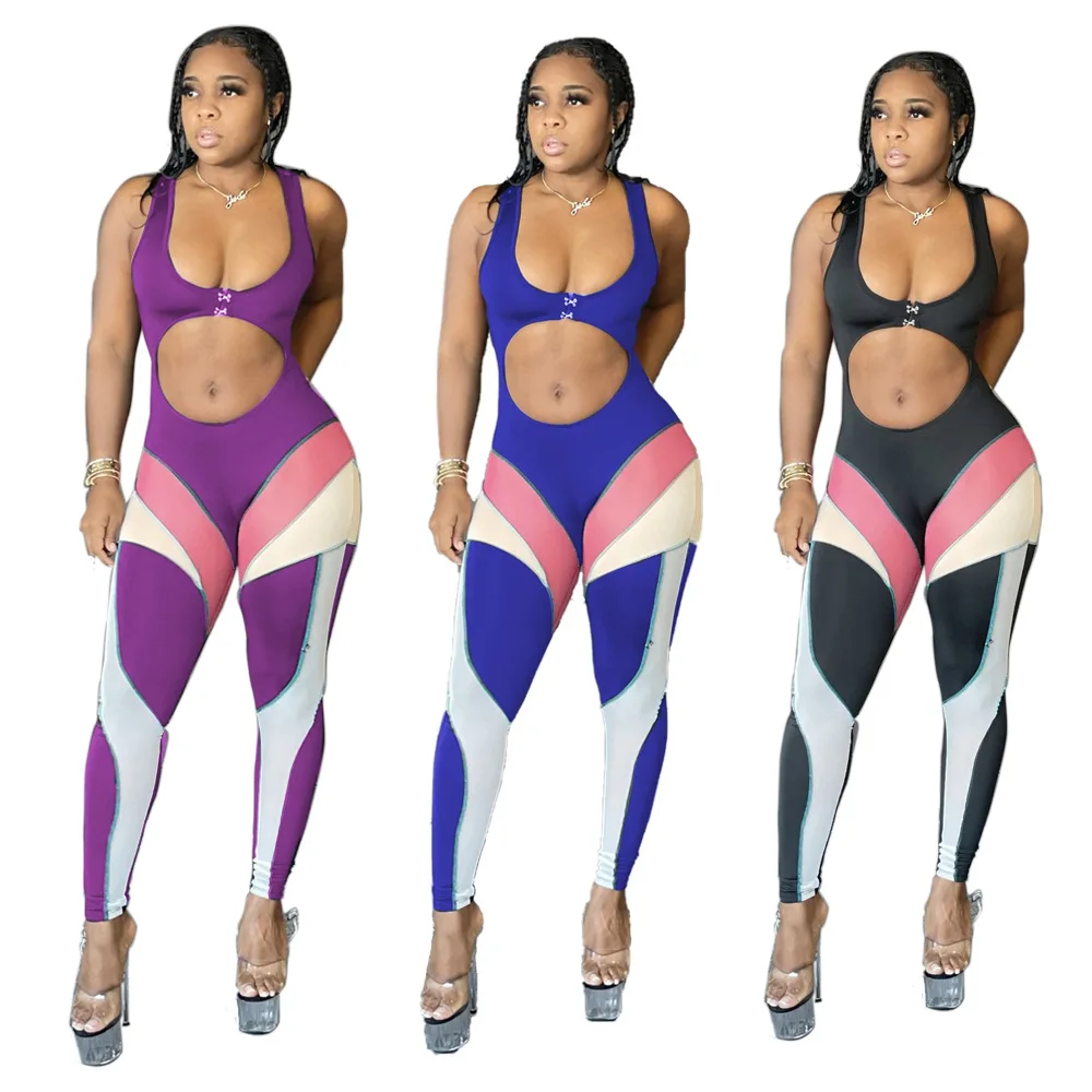 

2021 Summer Stylish Sexy Bodycon High Waist Hollow Out Sleeveless Casual Women One Piece Yoga Jumpsuit, Pictures showed