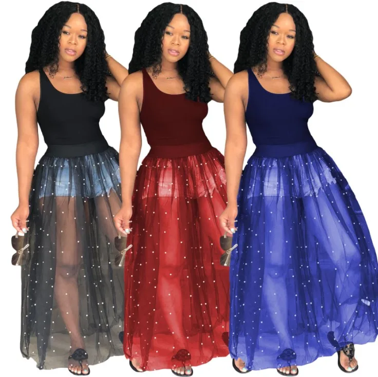 

GX766 Summer women long maxi dresses sexy sleeveless loose beaded see through mesh fluffy bodycon dress, Picture