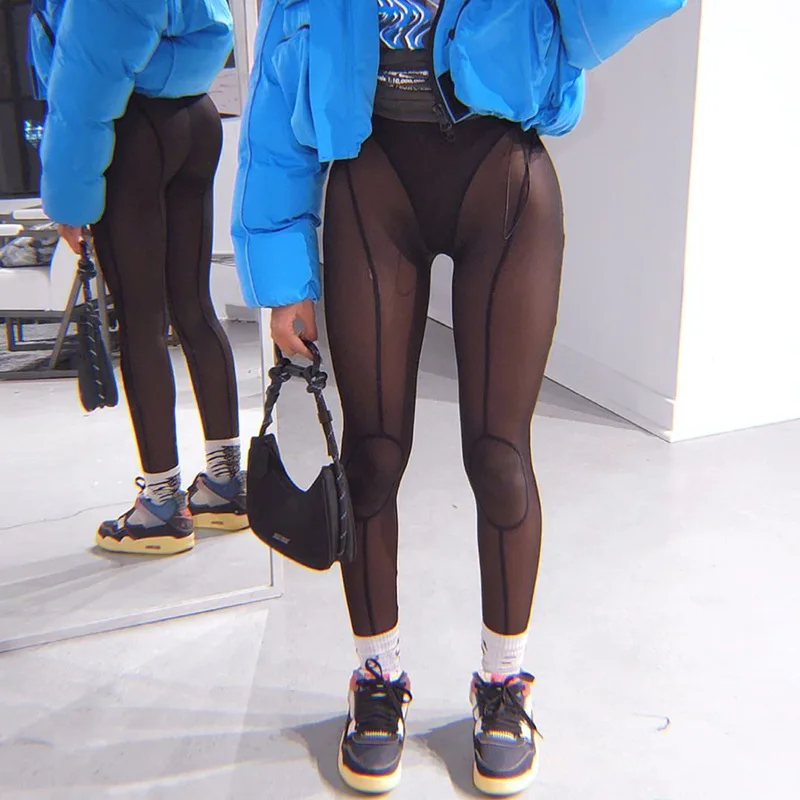 

Trend Bottom Black Mesh Pants Sheer See Through Sexy Underwear Pants Women