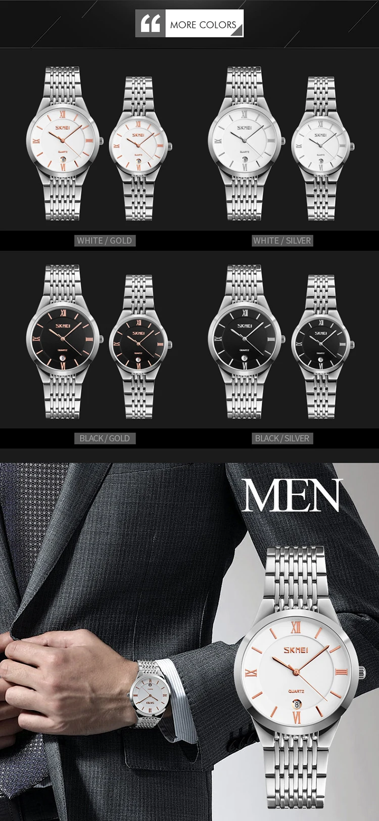 SKMEI 9139 Top 10 marche argento coppia orologio al quarzo di lusso in acciaio inossidabile cinturino impermeabile Auto data semplice orologio da polso coppia