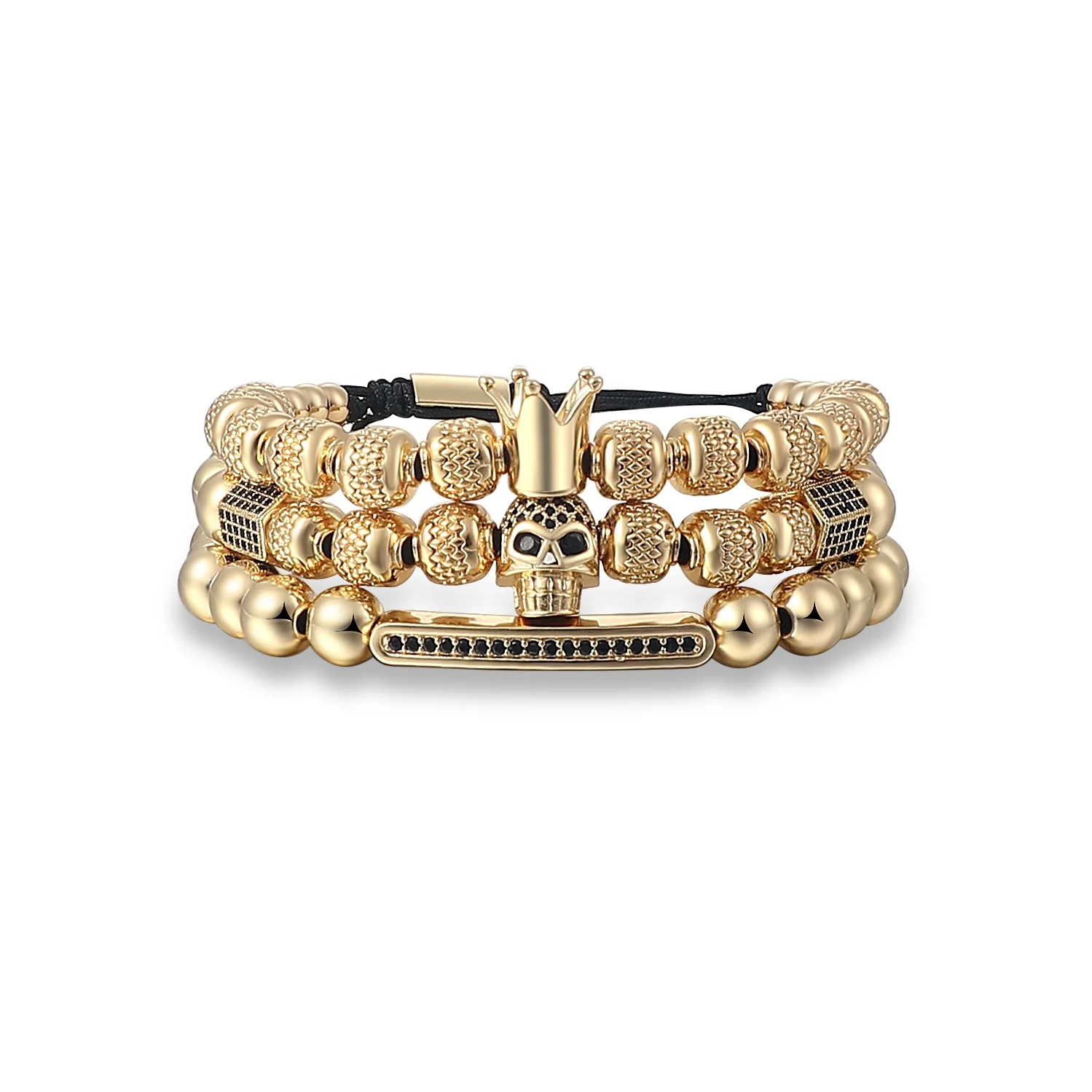 

Luxury Men's Royal Hand Jewelry 3Pcs/Set 18K Gold Plated Stainless Steel Beads Crown Skull Bracelet Set