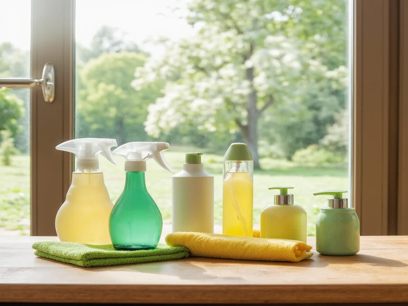 Eco-friendly window cleaning supplies on wooden table