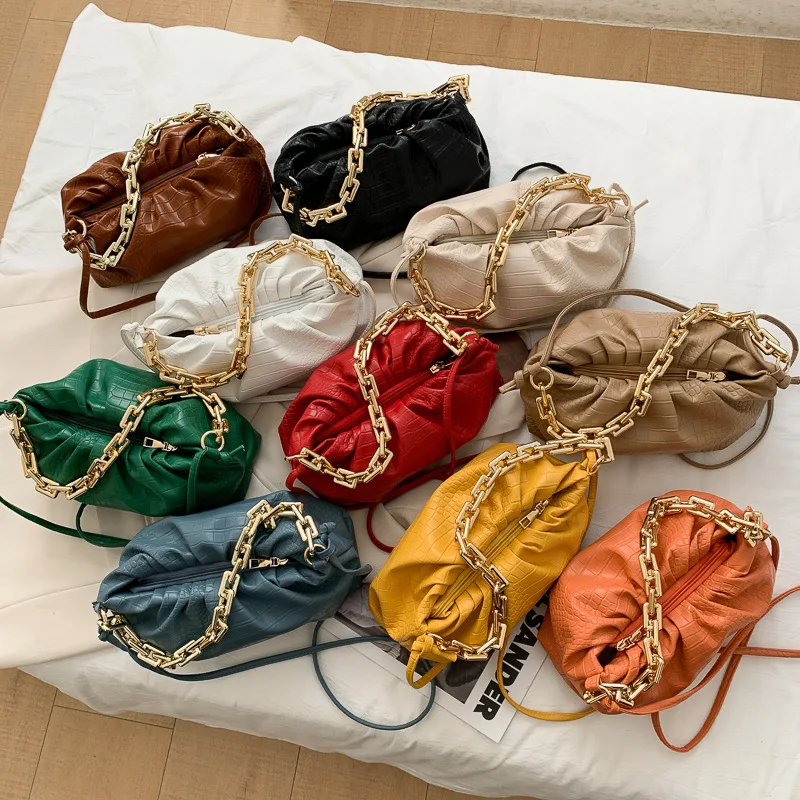 

2021 Popular Ladies Solid Color Pu Leather Ruched Cloud Purse Crossbody Chain Bag Women Handbag