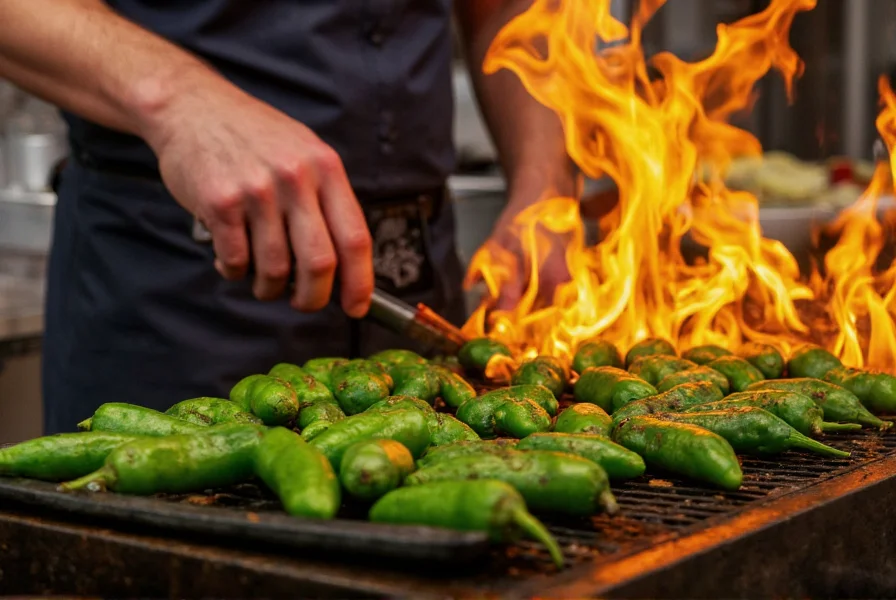 Professional chef roasting hatch green chile peppers over open flame with proper technique