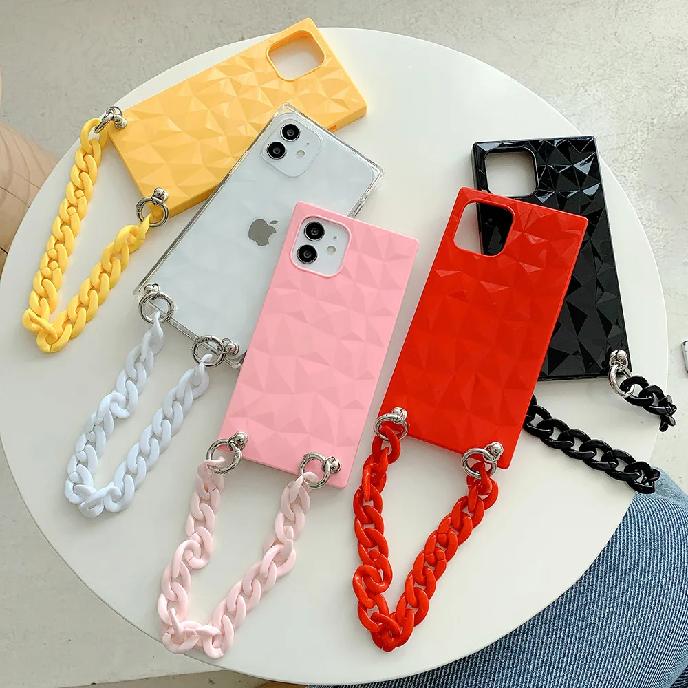 

Trendy Square Diamond Pattern Phone Case for iPhone 12 Pro Max Case Cover with Hand Chain Square Cases