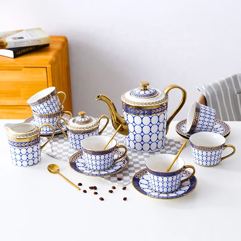 

Hot Sale High-end Western Light Luxury Home Decors 6 person Bone China Coffee Tea Sets