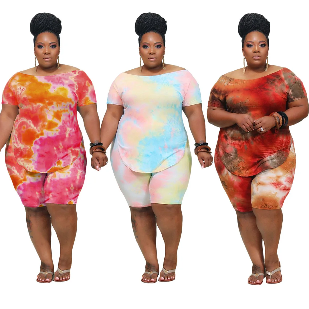 

H480 2020 wholesale  plus size shorts suit Fat women clothing oversize solid color tie dye two piece short sets outfits, Pink&yellow&blue, orange&brown