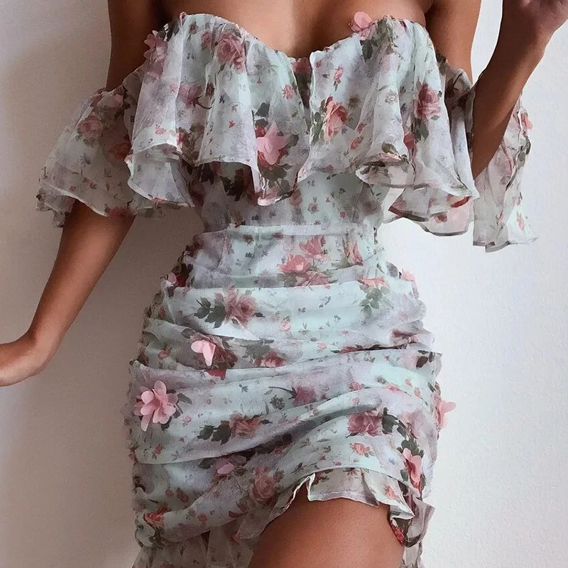 

Off Shoulder Floral Printed Dress Women Double-Layer Ruffled Party Dress Sexy Strapless Bodycon Dress Female Summer New Vestidos