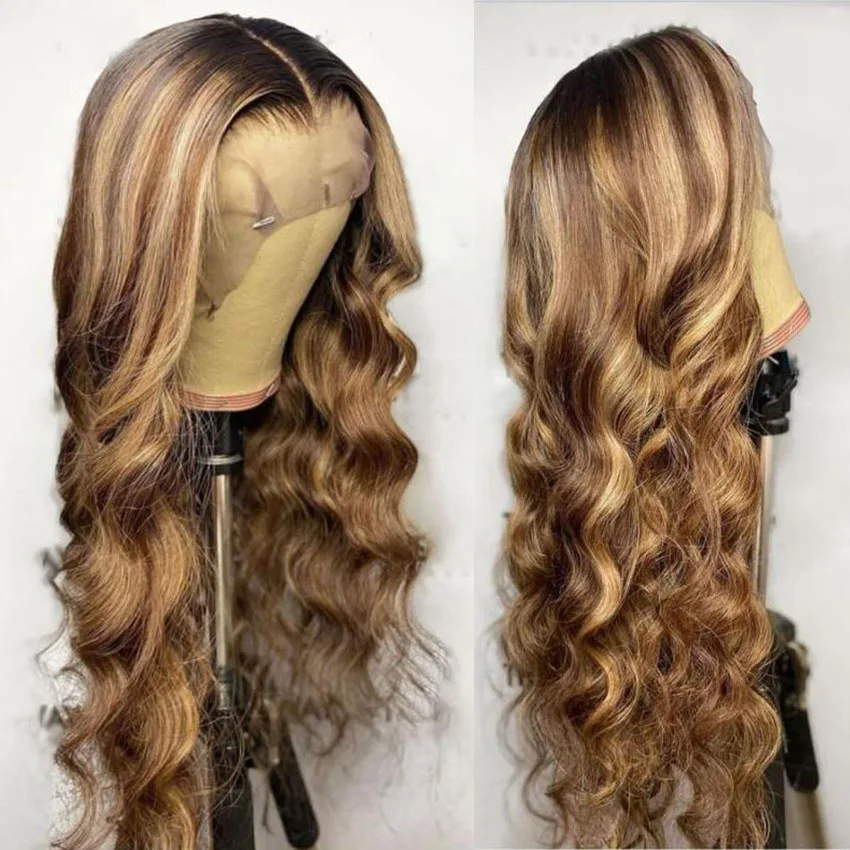 

Brazilian Body Wave Virgin Hair Glueless Lace Front Highlight Wig T1B/4/27# Color Real Human Hair Wig with Baby Hair preplucked, Highlight color ,natural color