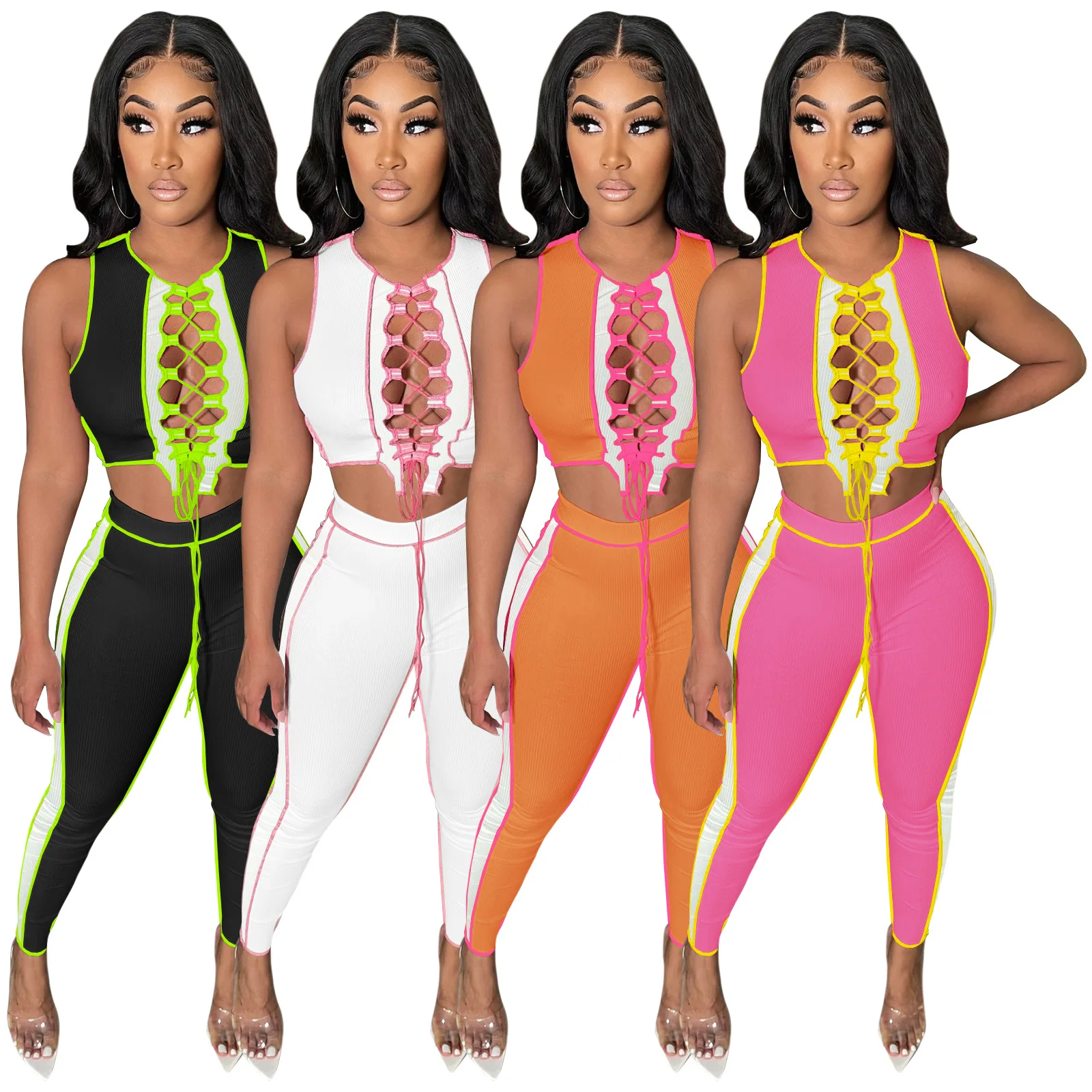 

H6772 - ladies casual bodycon patchwork sleeveless strap 2 piece set