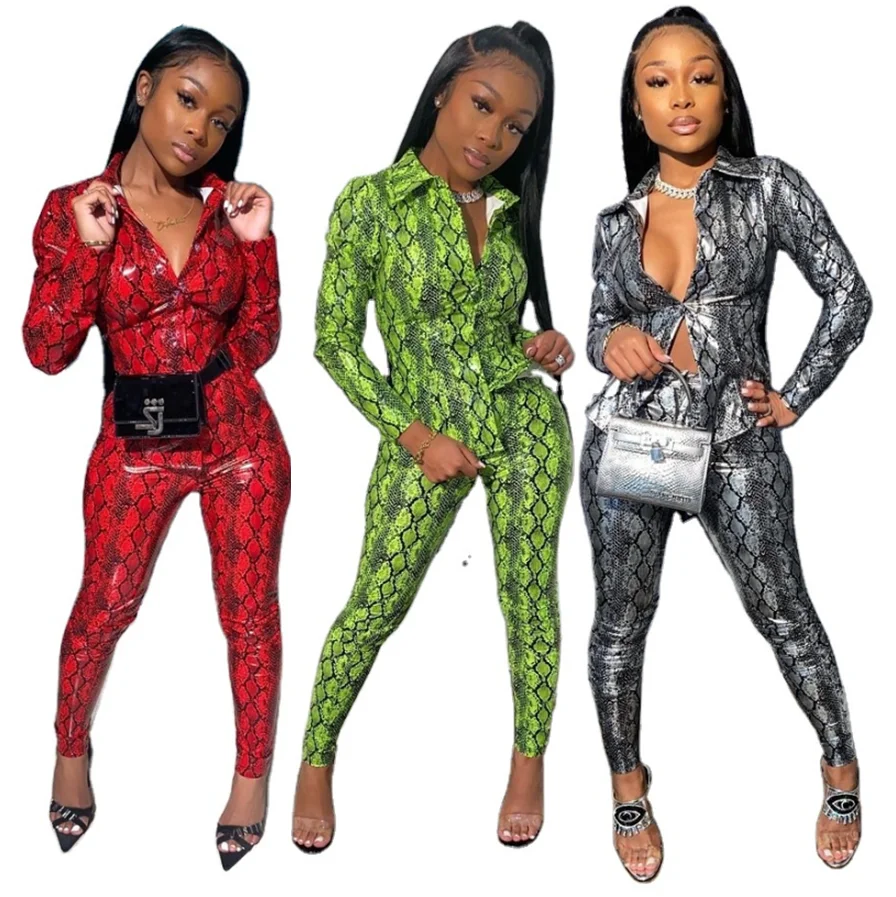

2021 spring Casual Ladies Outfit Long Sleeve Snake Print button down sexy suits women
