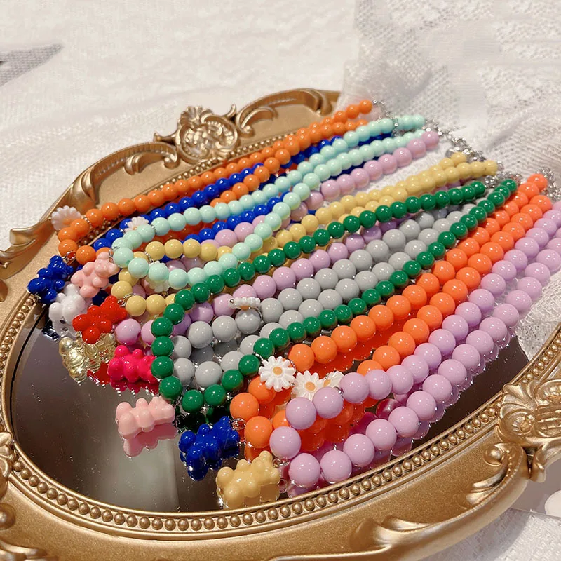 

JUHU Niche design candy-colored beads handmade beaded necklace female 2022 new bear daisy necklace wholesale, Colorful