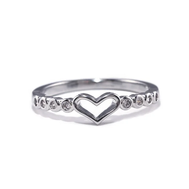 

Simple Heart Shaped Hollow Ring Fashion Diamond Women's Ring Electroplated Copper Zircon Ring, Silver