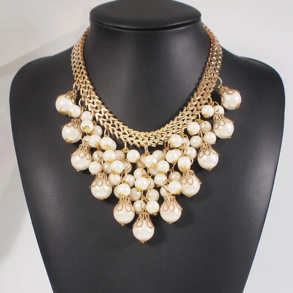 HANSIDON Trend Ladies Imitation Pearl Beads Necklace Chain Choker Statement Handmade Bib Necklace Fashion Jewelry Collars, Silver, gold