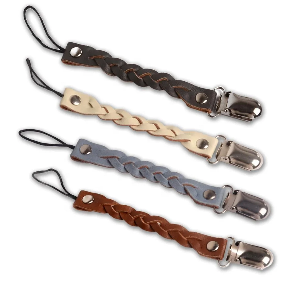 

Baby Pacifier Clip BPA Free Leather Leash Metal Dummy Clip Baby Pacifier Teething Toy Holders for Boys and Girls