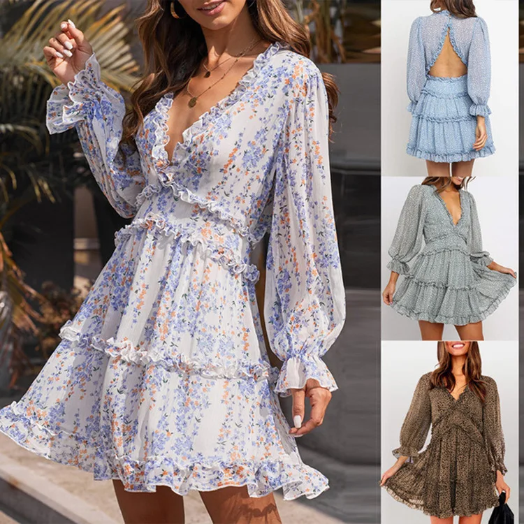 

Summer New Style Ruffled V-neck Floral Long Sleeves Women Cake Dress