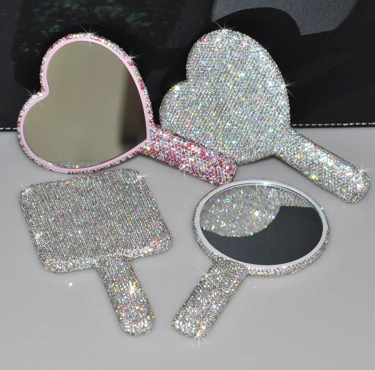 

Heart Shaped Square Round Mirror Makeup Mirror Full Of Bling Rhinestone Hand Held Makeup Mirrors