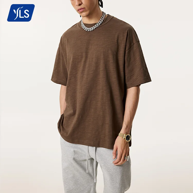 YLS1235 190 Grams 100% Slub Cotton Bamboo T Shirts Custom Screen Print Drop Shoulder Quality T-Shirt for Men