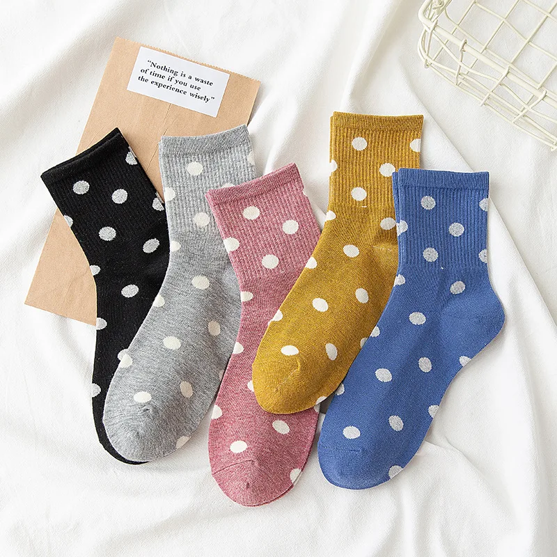 

JULY'S SONG Japanese Solid Dots Women Socks Autumn Winter Cotton Mid-calf Socks Wholesale Girls Breathable Tube Socks, Black, grey, blue, yellow, pink