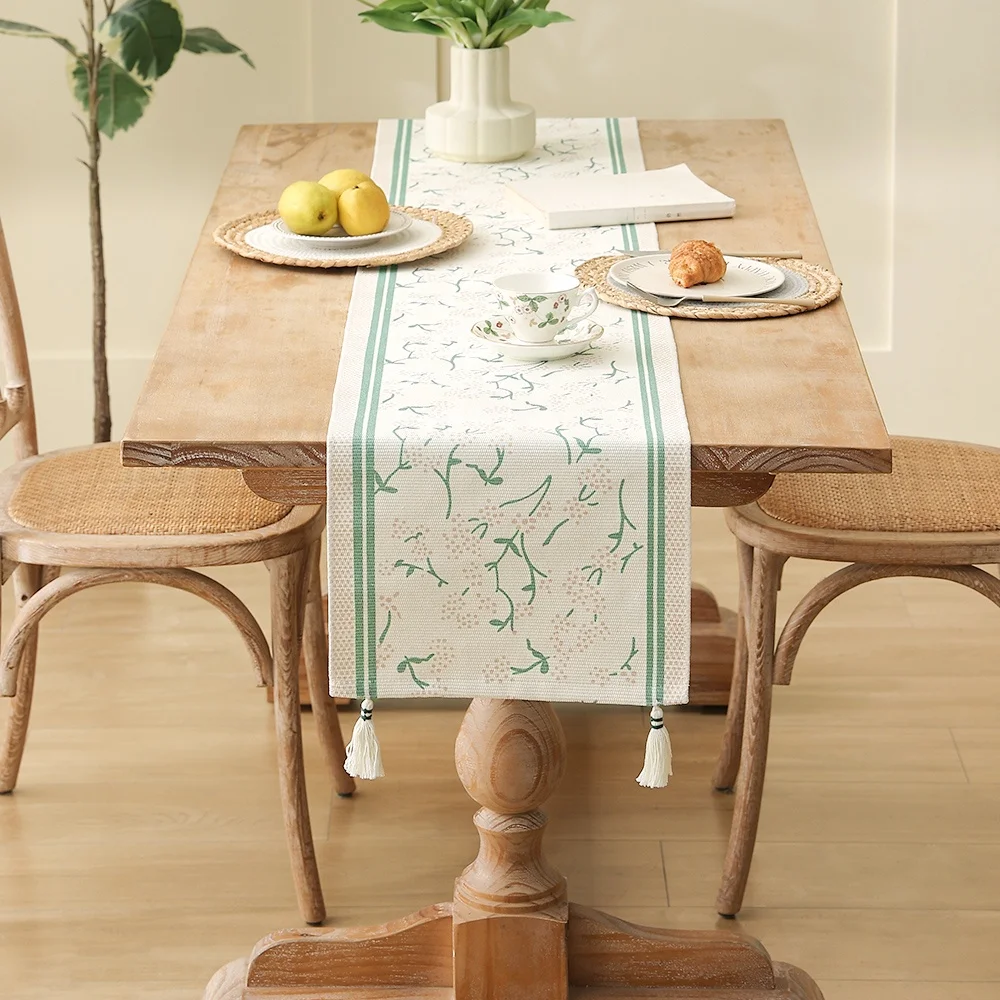 

Dining table decorative woven cotton printed flower and plant table runner with tassel