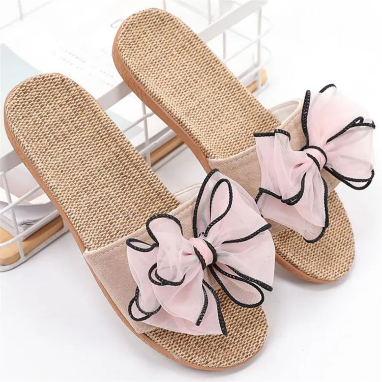 

Fashion Summer Ladies Slippers Linen Bowknot Woman Slides Slippers PVC Outsole Women's Slippers, 5colors