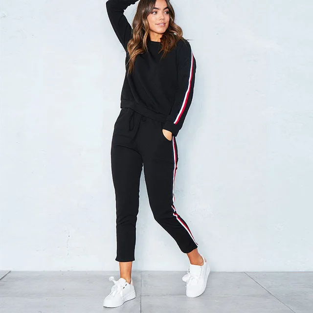 

Fashion female side striped crew neck hoody casual sport suits blank joggers woman tracksuit sets, Custom color