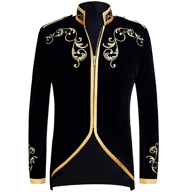 

Ecoparty Mens Stylish Court Prince Black Velvet Gold Embroidery Blazer Suit Jacket, Red / black / blue