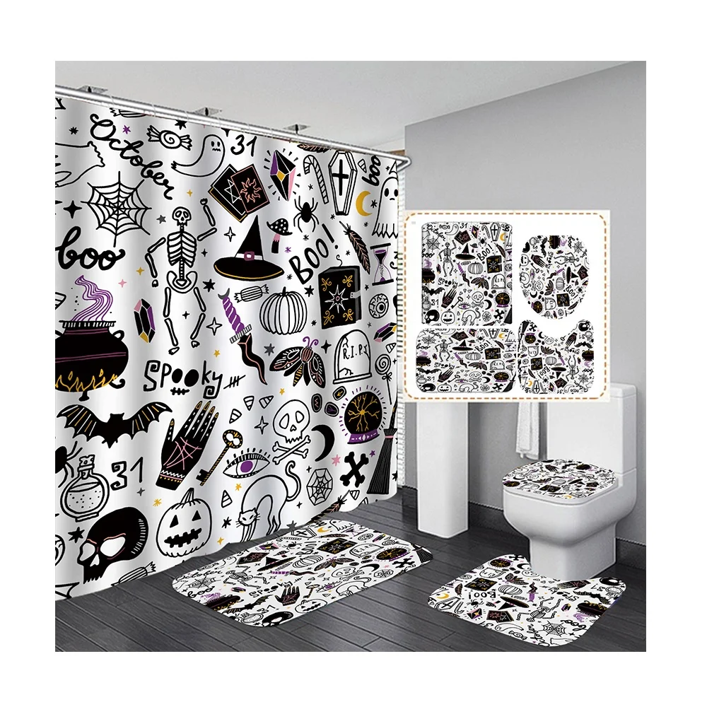 

2021 Amazon Hot Selling 3D Printing Halloween Shower Curtain 4PCS Shower Curtain and Rugs Sets