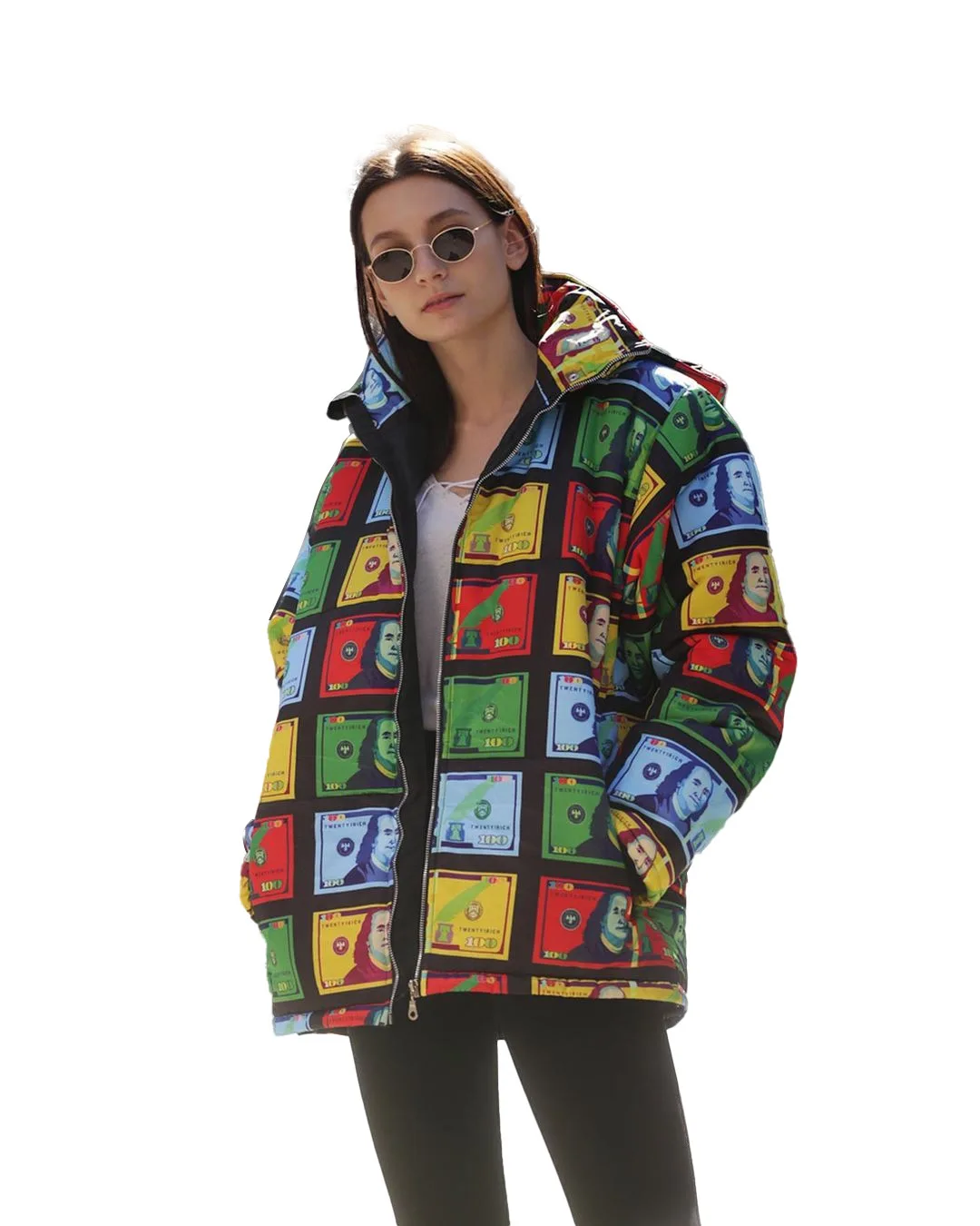

Women's Clothing Color Dollar Bill Printing and Dyeing Bread Jacket Hooded Down Jacket Quilted Jacket