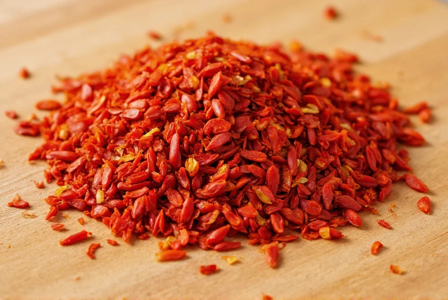Close-up photography of red chili flakes showing texture, color variation, and seed content on wooden cutting board