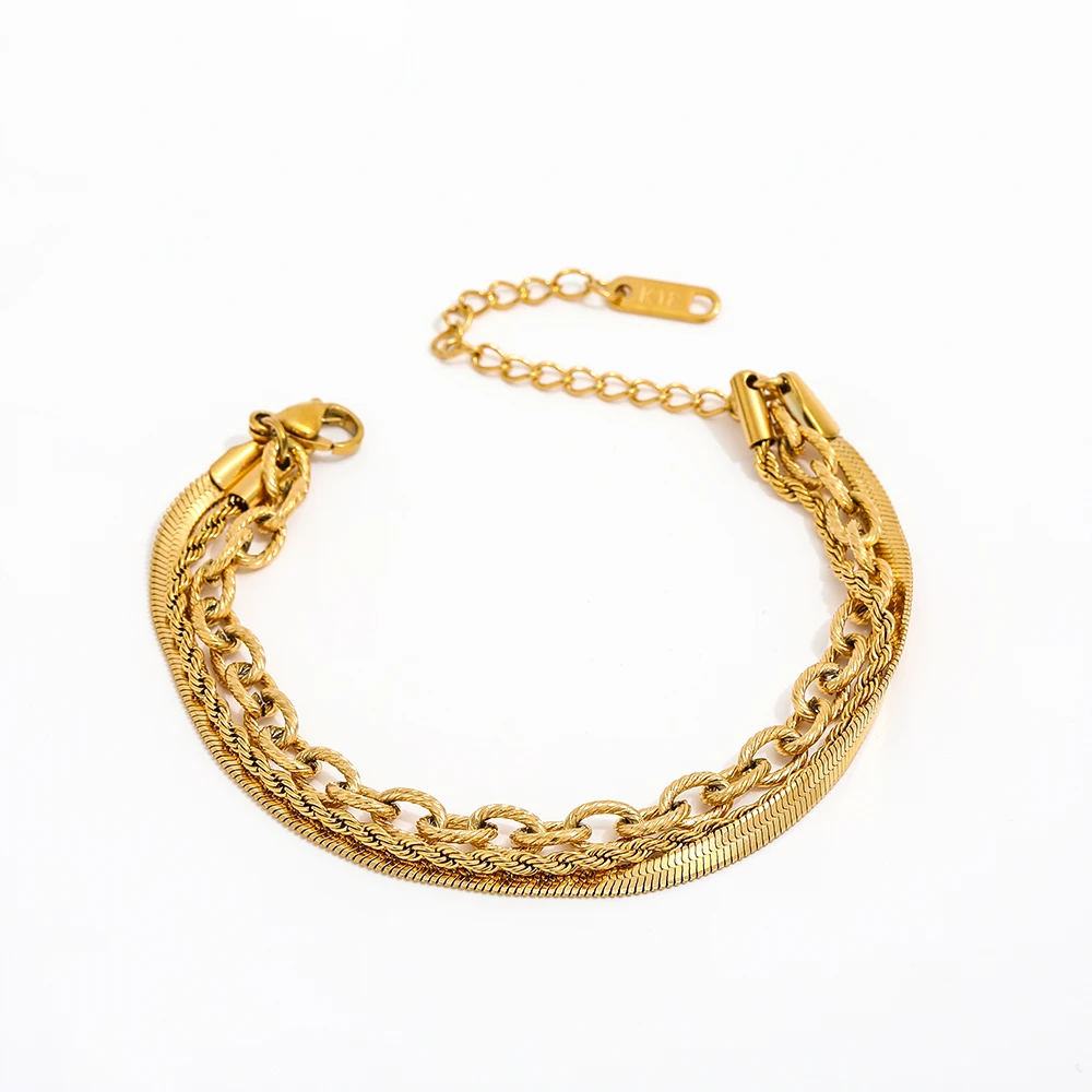 18K PVD Gold Plated Snake Chain Herringbone Cable Chain Multi-layer Stainless Steel Charm Bracelet for Women Wholesale Jewelry
