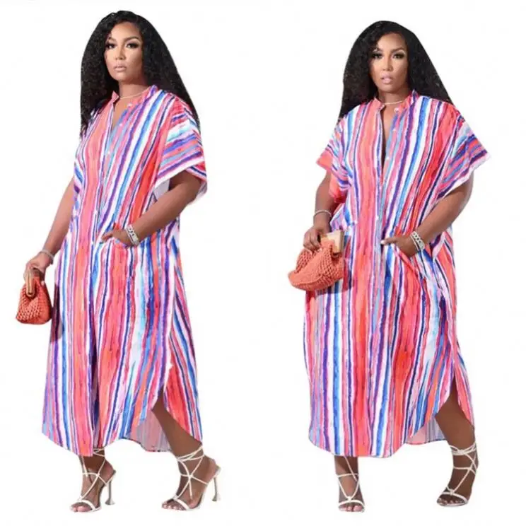 

MISS New Trendy Streetwear Stripe Womens Summer Dresses 2021 Loose Maxi Button Shirt Dress