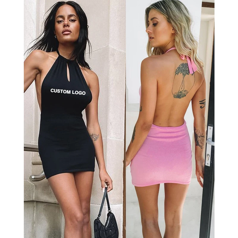 

Free shipping v-neck backless mini skirt sexy & club ladies summer sleeveless bodycon women casual necktie halter dresses