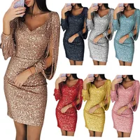

2019 Ladies Fashion Sequin V-neck Tassel Long-sleeved Hip Dress