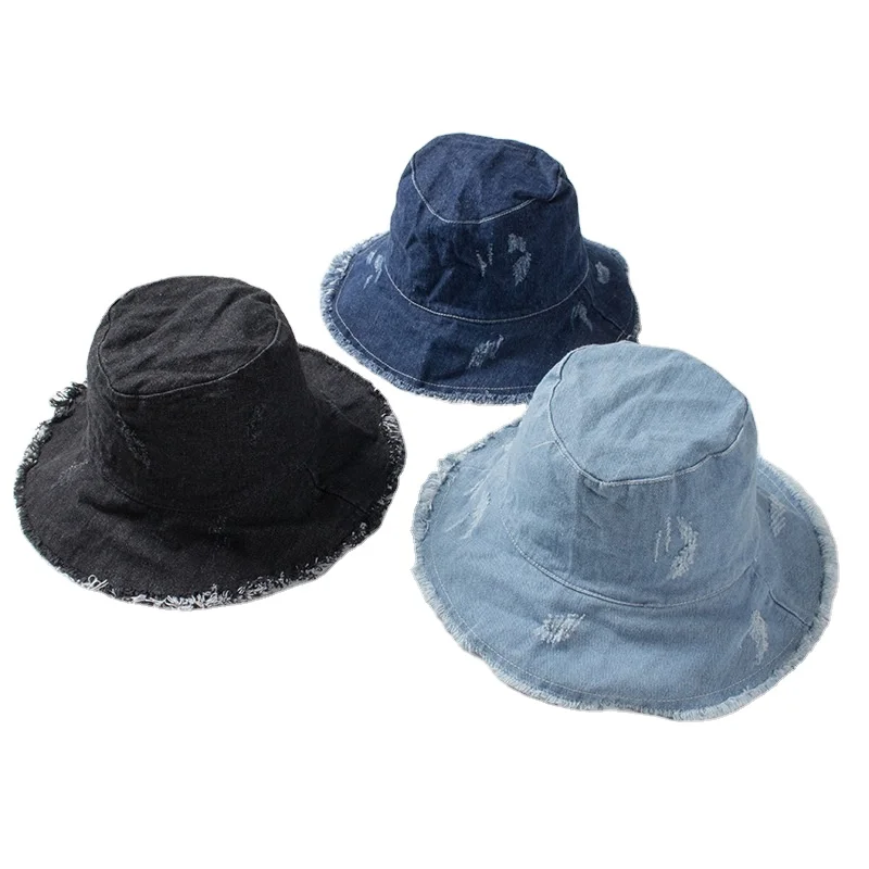 

Summer Women Fashion Sun Hat Wide Brim Beach distressed vintage jean denim fishermen bucket hat