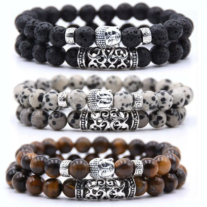2PCS Alloy Buddha Head Natural Gem Bead Bracelet Combination Set Holiday Gift Anniversary Gift for Friends and Family