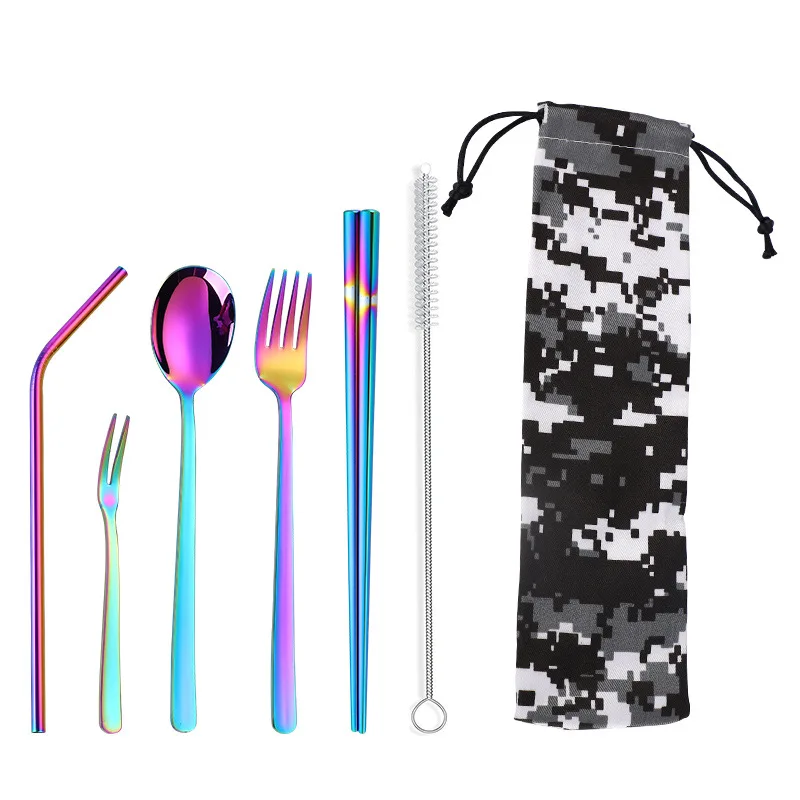 

Wholesale Portable Cloth Bag Package Metal Straw Spoon Fork Knife Chopsticks Cutlery Set Flatware, Silver/gold/rose gold/black/rainbow