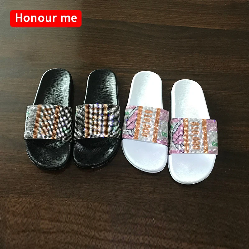 

2021 Trendy Sandals summer Rhinestone diamond Shoes Girls Dollar Money women Slides Indoor Bling slippers platform sandals