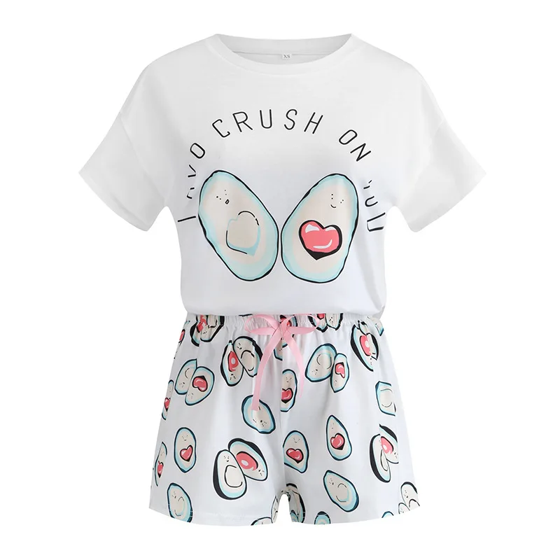 

Summer 100 Cotton Two Peice Sleepwear Women's Cute Cartoon Print Tee and Shorts Pajama Set