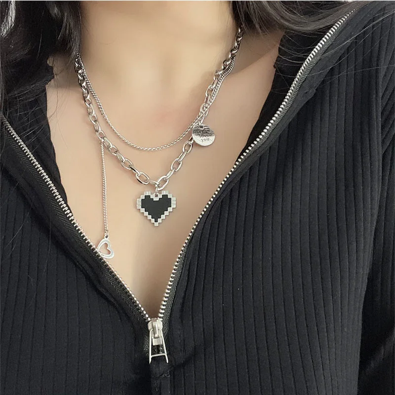 

Stainless Steel Link Chain Love Heart Pendant Necklace Hip Hop Double Layers Mosaic Heart Necklace