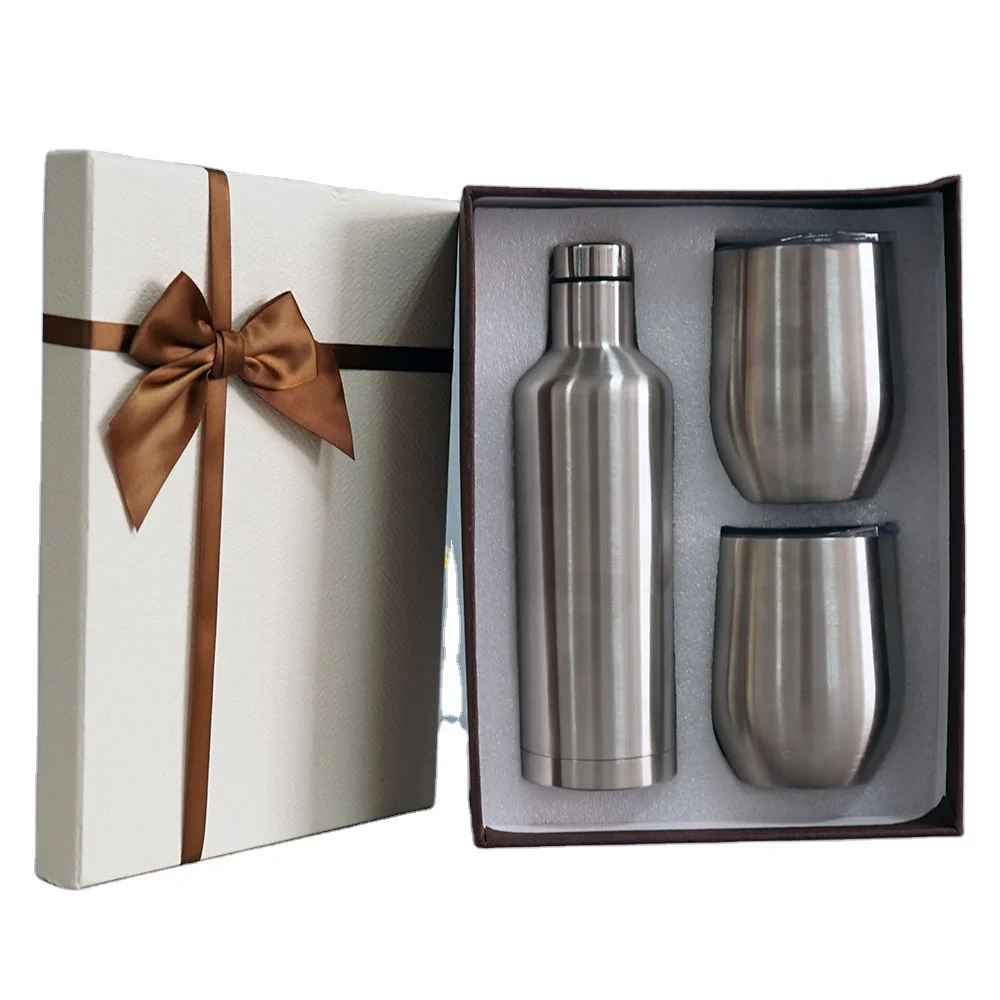 

Stainless Steel vacuum insulated sublimation 750ml Wine Flask Bottle And Two 12oz Egg Shape Wine Tumbler Gift Set In Box