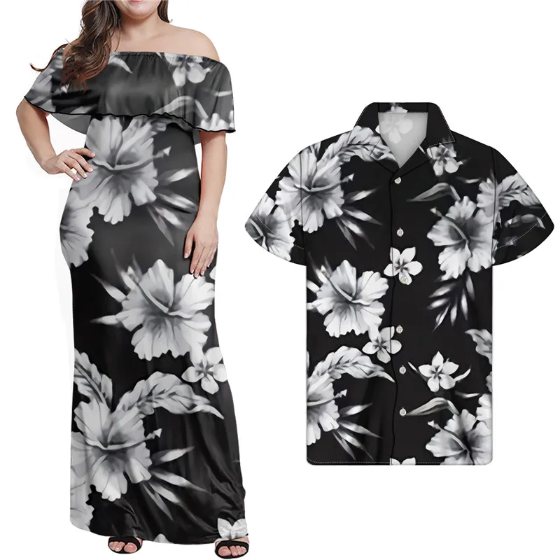 

Polynesian Hibiscus Black 2 Piece Couple Set Plus Size Women Summer Dresses Office Casual Dress Summer Ladies Women Elegant Wear, Customized color