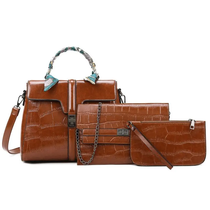 

Hot sale chain female women fashion patent leather hand bags 3pcs in 1set handbag