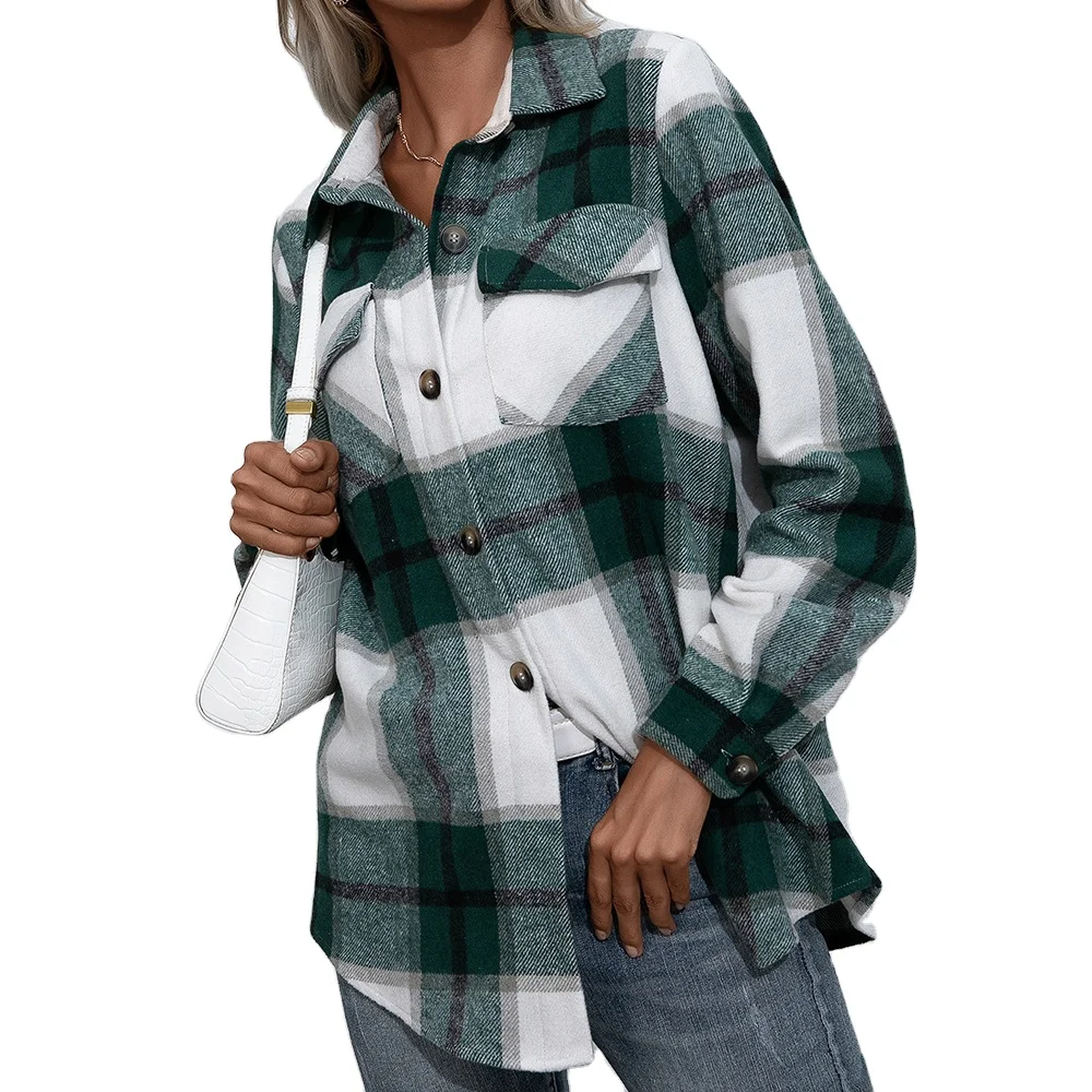 

Low MOQ Hot Sale Fall And Winter Plaid Fleece Shacket Jacket For Woman, As pic