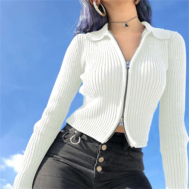 

7 Color Doubt Zipper UP Casual Knitted Skinny Crop Top Sweater Long Sleeve Cardigan Sweater Women Autumn Korean Top, Black/blue/green/gray/pink/red/white