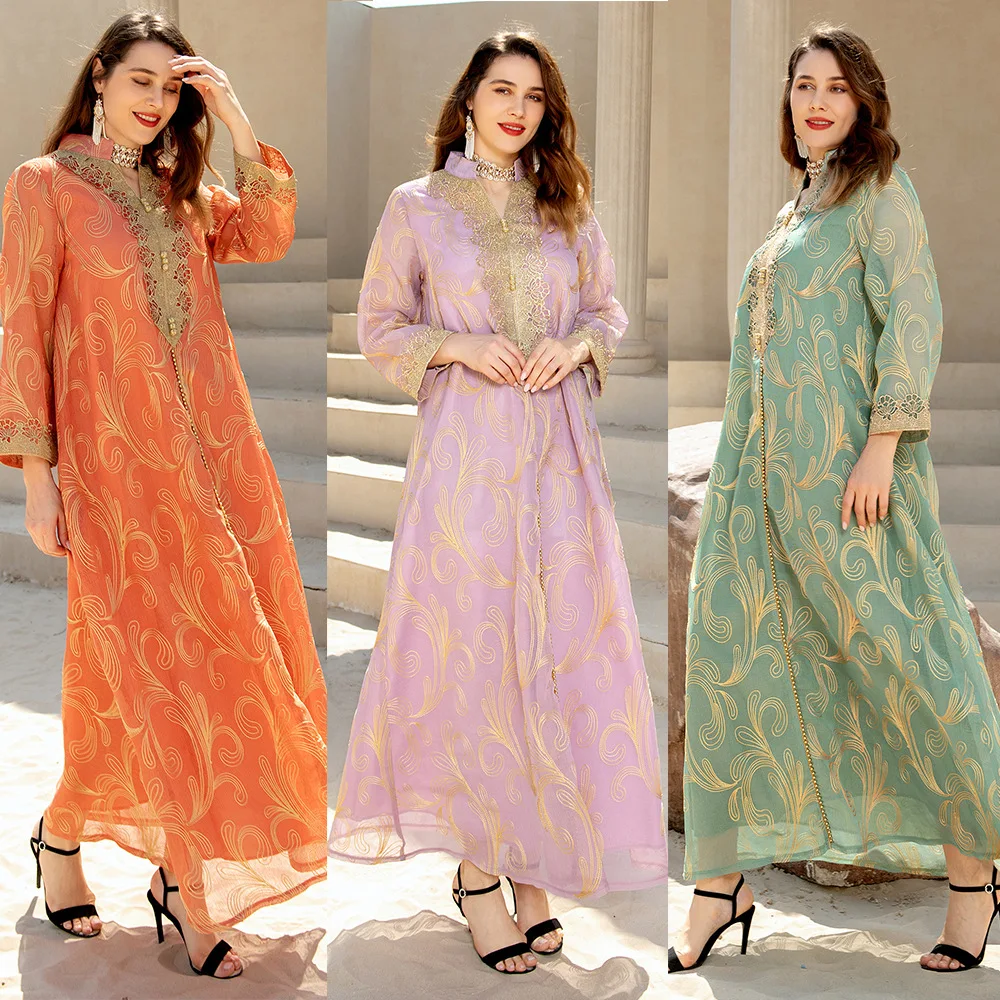 

2269 MuslimQLO 2022 Ramadan arabic long sleeve abaya middle east muslim dress for women jalabiya kaftan dress dubai abaya, Orange red, light purple, green